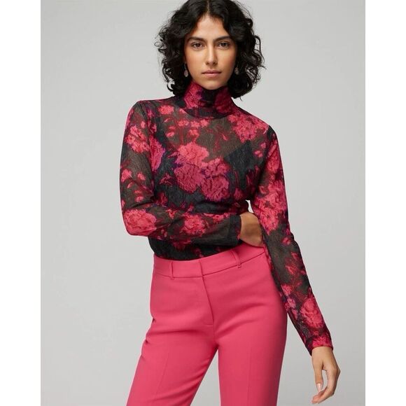 White House Black Market Pink Black LS Mesh Turtleneck Size Small Sheer - Picture 6 of 8